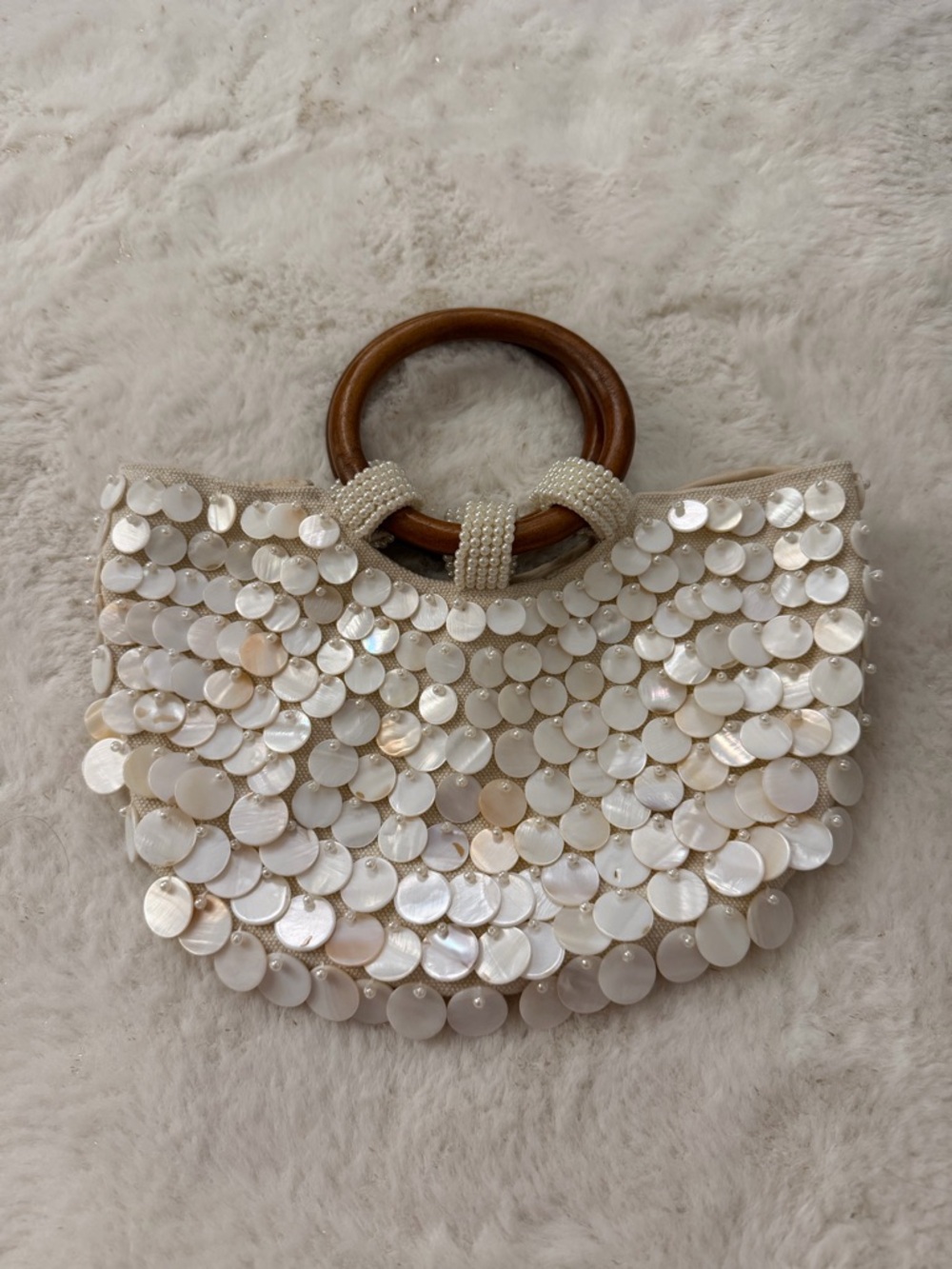 Handheld Shell Disc Accent Women’s Bag in Ivory with Wood Handles